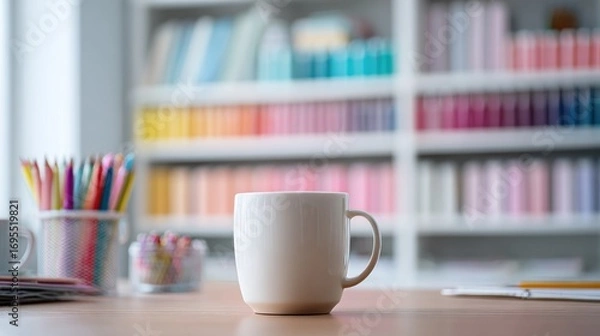 Fototapeta A mug sits on a wooden desk in front of blurred shelves holding colorful objects in a bright, artistic room