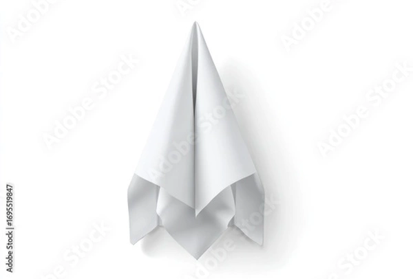 Fototapeta White folded textile hangs down on a white surface, casting a soft shadow, depicted in high key lighting