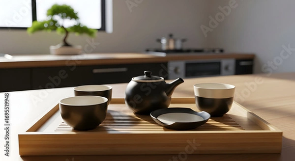 Fototapeta Zen-inspired tea set arrangement featuring a bonsai tree and a sunny atmosphere
