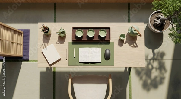 Fototapeta Zen-Inspired Workspace: A Serene Composition of Tea, Stationery, and Tranquility