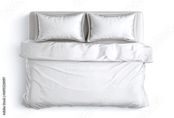 Fototapeta Top-down view of a bed with pristine white linens and two pillows, casting a soft shadow on a light background