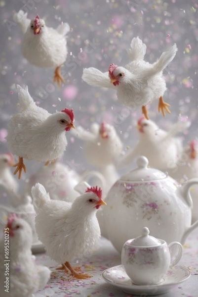 Fototapeta Small, white, toy-like chickens scattered around teacups and a teapot amidst colorful confetti falling on a light surface