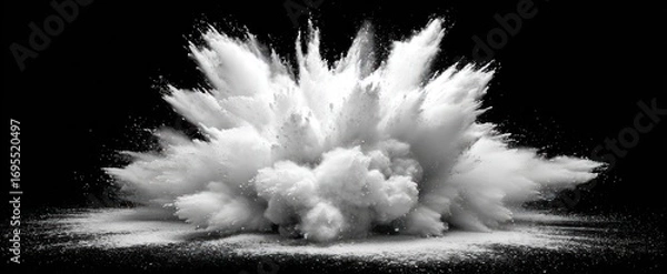 Fototapeta White powder explodes in a dynamic burst against a stark black backdrop, creating a dramatic and abstract cloud effect