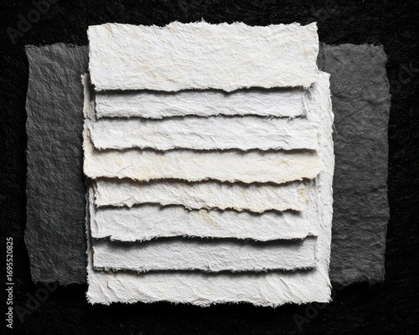 Fototapeta Stack of handmade paper with deckle edges on dark background, various shades of white and gray