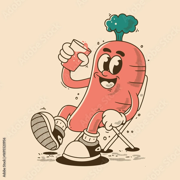 Fototapeta Retro Carrot Character Relaxing with Fresh Juice