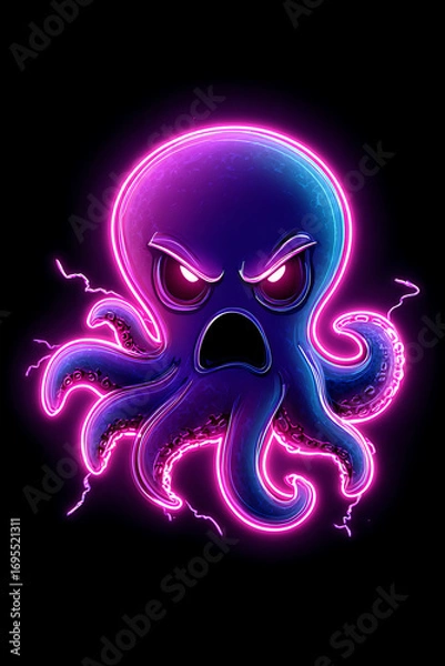 Fototapeta A vibrant, angry octopus with glowing tentacles, set against a dark background, exuding energy