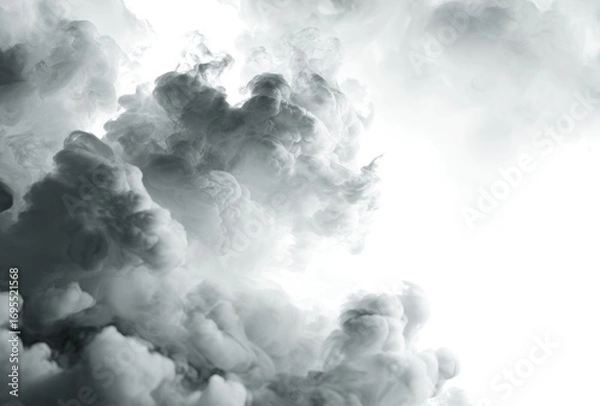 Fototapeta Swirling, billowing gray smoke against a white backdrop, creating a dramatic, ethereal atmosphere with a sense of movement and depth