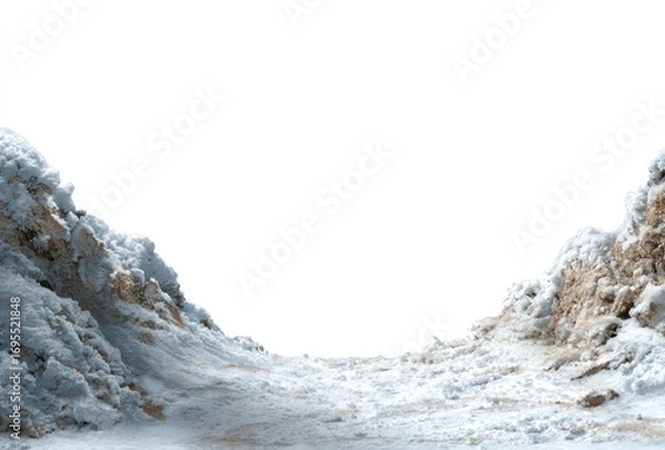 Fototapeta Winter Path Snowy mounds border a muddy, slushy path against a white backdrop, suggesting a cold, thawing landscape or environmental impact