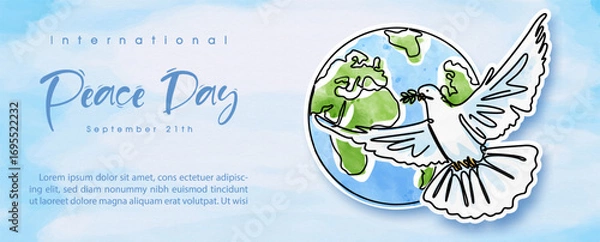 Fototapeta Hand draw one line and watercolors style in a peace dove flying with global shape, wording of event, example texts on blue background. Poster's concept of Peace day campaign in vector design.
