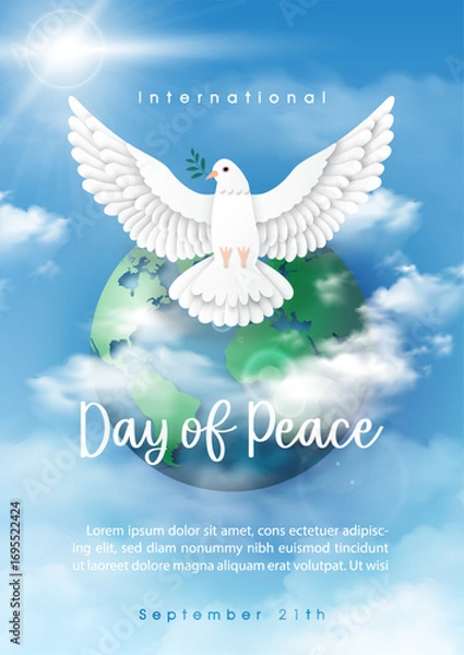 Fototapeta Poster illustration campaign of International Day of Peace with white dove peace flying with puffy clouds and wording of event, example texts on global and blue sky background.