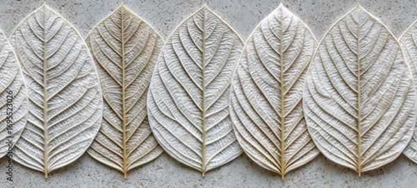 Fototapeta A row of carved, symmetrical, veined leaves, closely spaced, forms a repeating pattern on a mottled gray stone surface