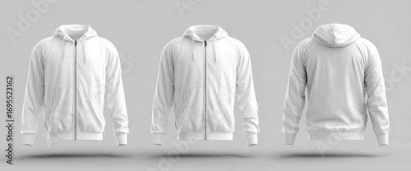 Fototapeta Three views of a blank white zip-up hoodie, front, back, and slightly angled, float against a light gray backdrop