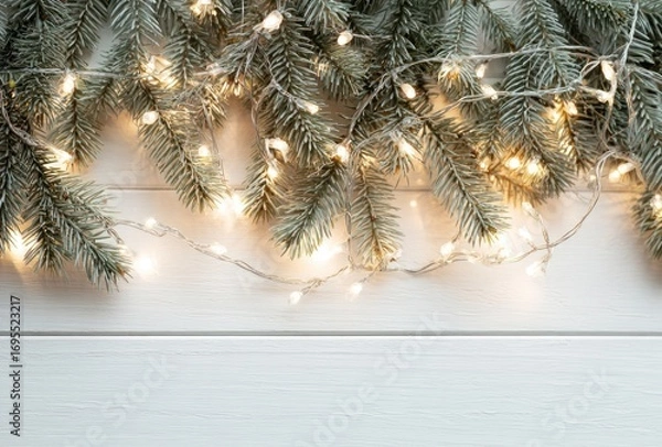 Fototapeta Pine branches dusted with snow, lit by warm fairy lights, arranged on white wooden boards to create festive border