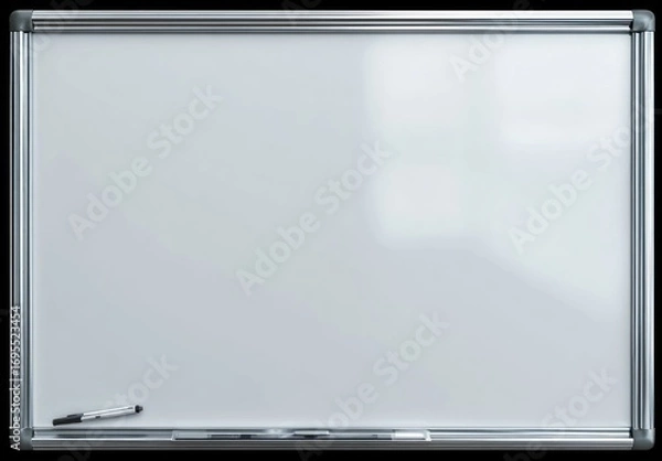 Fototapeta A clean, empty whiteboard with silver frame and marker resting below, reflecting light in a bright, simple composition