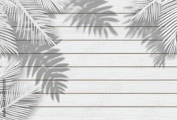 Fototapeta White wood background with shadow of palm leaves in corners, bright and fresh, clean and simple design element