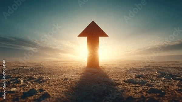 Fototapeta Arrow pointing upward on barren landscape, backlit by the rising sun, creating a long shadow