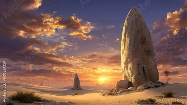 Fototapeta Desert landscape at sunset with tall rock formations and colorful sky, bathed in golden light