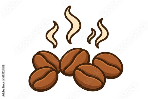 Obraz Roasted coffee beans with hot steam vector icon. Illustration for a cafe logo or menu design. Fresh aroma of espresso or cappuccino. Morning caffeine beverage concept.