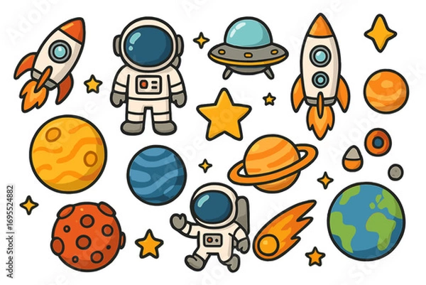 Obraz Space icon collection cartoon vector set. Astronaut, rocket, planet, ufo and star element. Cute kid cosmos sticker pack. Astronomy science galaxy exploration graphic design.