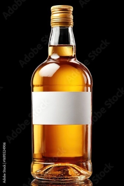 Fototapeta A clear glass bottle filled with amber liquid, with a blank white label, sits against a dark background