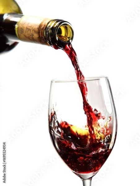 Fototapeta Pouring red wine from a bottle into a glass, creating splash with motion, isolated on a plain background