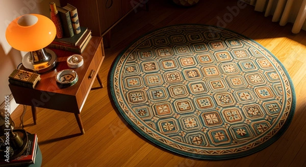 Fototapeta Warm Illumination of Retro Styled Furniture and Patterned Rug in Sunlight
