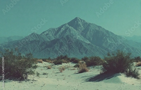 Fototapeta Barren landscape featuring a large mountain with arid foliage in the foreground under a teal sky