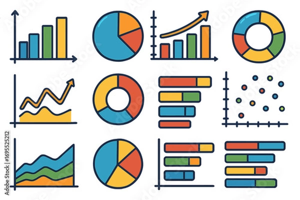 Obraz Data visualization chart and graph icon set. Colorful vector infographic elements for business analytics and statistics. Financial report and data analysis presentation design.