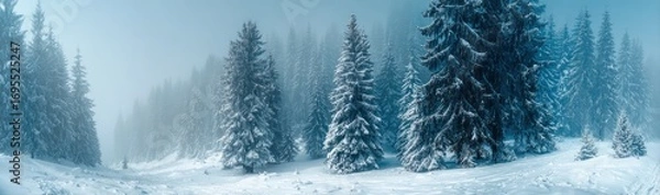 Fototapeta Panoramic view of snow-covered coniferous forest, shrouded in ethereal mist, displaying serene winter landscape with soft blue tones