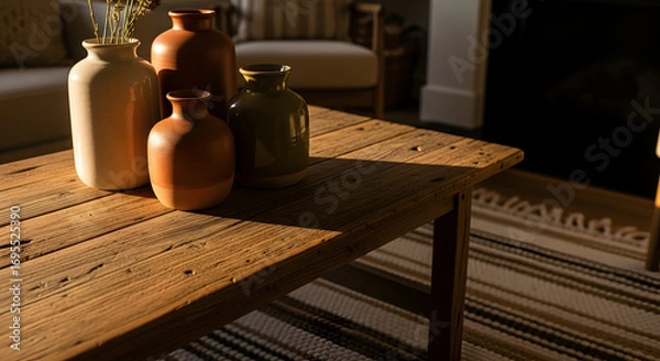 Fototapeta Warm Light Catches Rustic Wood Table With Earthy Vases in Cozy Interior Setting