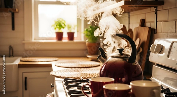 Fototapeta Warm kitchen scene with a steaming kettle and mugs, cozy and inviting atmosphere