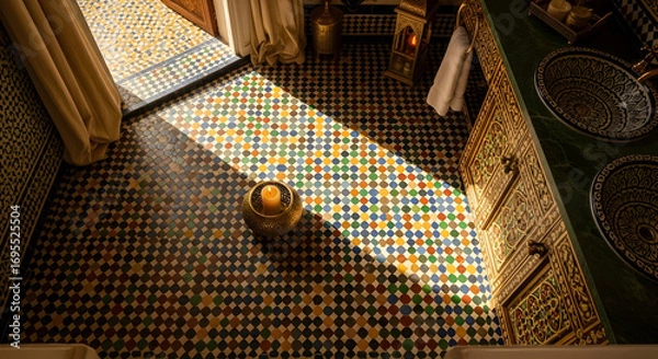 Fototapeta Warm Light Floods A Moroccan Bathroom With Intricate Tilework Design And Decorative Elements