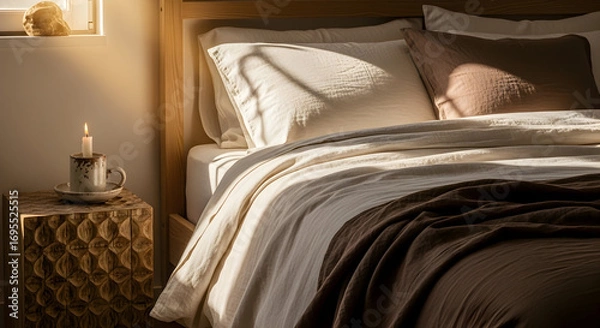 Fototapeta Warm Light Illuminates Luxurious Bedroom Space Creating Serene And Calming Ambiance