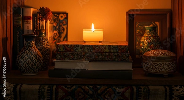 Fototapeta Warm Light Illuminates Shelf Displayed Books, Candles, and Decorative Items Softly Lit