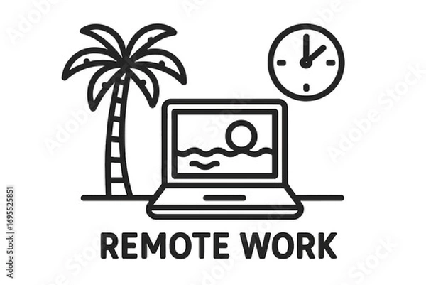 Obraz Remote work icon, digital nomad at the beach. Freelance lifestyle with laptop, palm tree. Flexible job, time management. Work from anywhere vector line icon design.