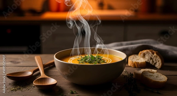 Fototapeta Warm Soup Bowl On Wooden Table Surrounded by Bread and Wooden Spoons