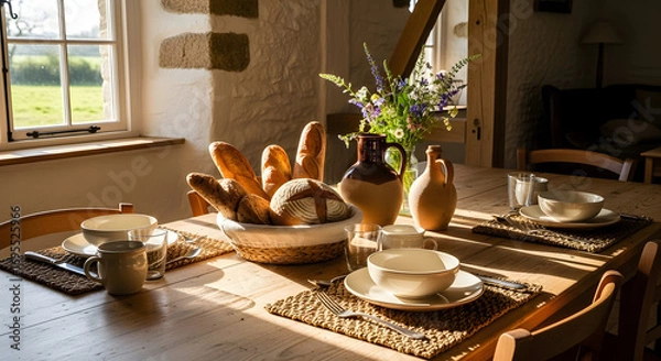 Fototapeta Warm Sunlight Dappled, Rustic Table Setting Ready for Refreshing, Delicious Meal