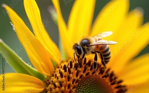 Fototapeta Close-up of a honey bee collecting nectar on a vibrant sunflower in a beautiful floral landscape. Macro shot world of small animals in ecosystem. High quality