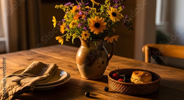 Fototapeta Warm Sunlight Illuminates a Charming Table Setting with Floral Arrangement and Baked Goods