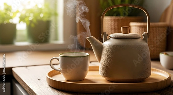 Fototapeta Warm tea with teapot and cup on a wooden tray, cozy and inviting atmosphere