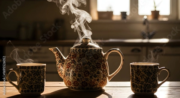 Fototapeta Warm Tea Moment: A Serene Composition Of Teapot And Mugs, Ethereal Steam Rising Gently