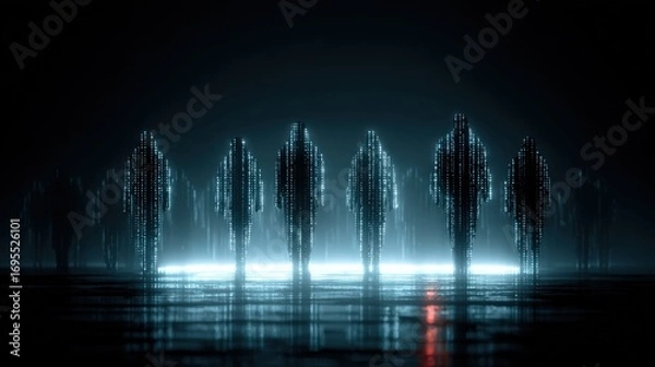 Fototapeta Mysterious figures emerge from the shadows, bathed in an eerie blue glow, creating a sense of anticipation and intrigue. ..Created with Generative AI, not depicting real subjects.