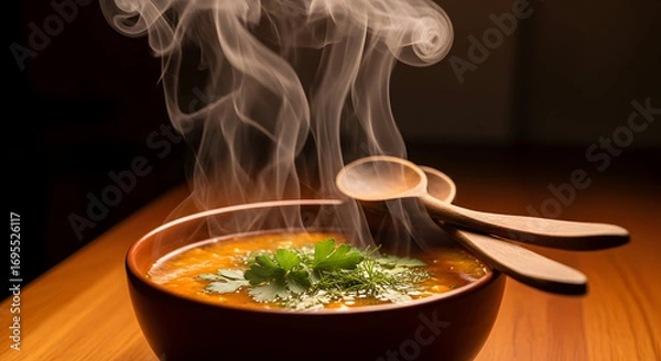 Fototapeta Warm, Delicious Soup in a Bowl, with Fresh Herbs and Wooden Spoons Presenting Delightfully