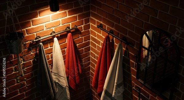 Fototapeta Warmly Lit Bathroom Corner with Hanging Towels Against a Rustic Brick Wall
