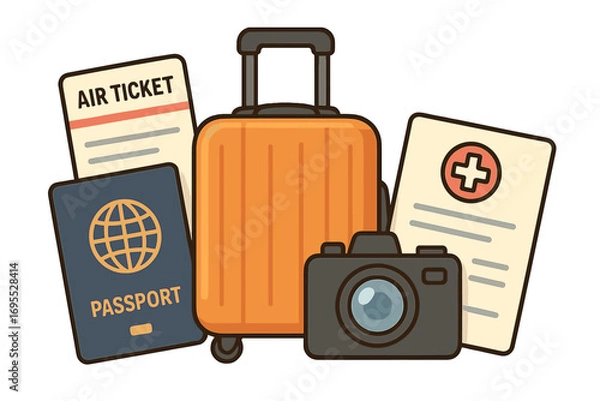 Obraz Travel essentials vector set with passport, air ticket, luggage, and camera. Concept for tourism, vacation, and international journey. Includes health certificate for safe travel.