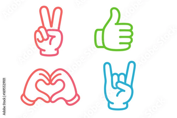 Obraz Set of colorful hand gesture icons. Peace sign, thumbs up for approval, heart shape for love, and rock on for fun. Vector cartoon illustration of communication symbols.