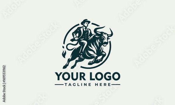 Fototapeta A vintage-style logo featuring a man riding a bull, symbolizing strength and success.