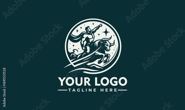 Fototapeta A powerful logo depicting a heroic figure riding a charging bull under a starry sky.