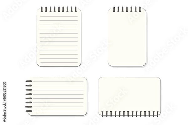 Fototapeta Realistic spiral notebook mockup set with blank lined and plain pages, note pad templates, vector cartoon illustration with transparent background, stationery collection