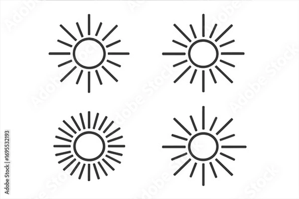 Fototapeta Flat style sun rays vector icons with transparent background, circular and linear sunburst design elements, minimalistic sunbeam shapes, set of four, graphic illustration for design